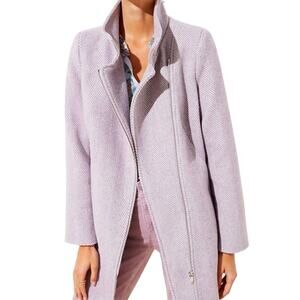 Light Academia Lavender/White Herringbone Zip‑Front Wool Blend Moto Coat Medium
